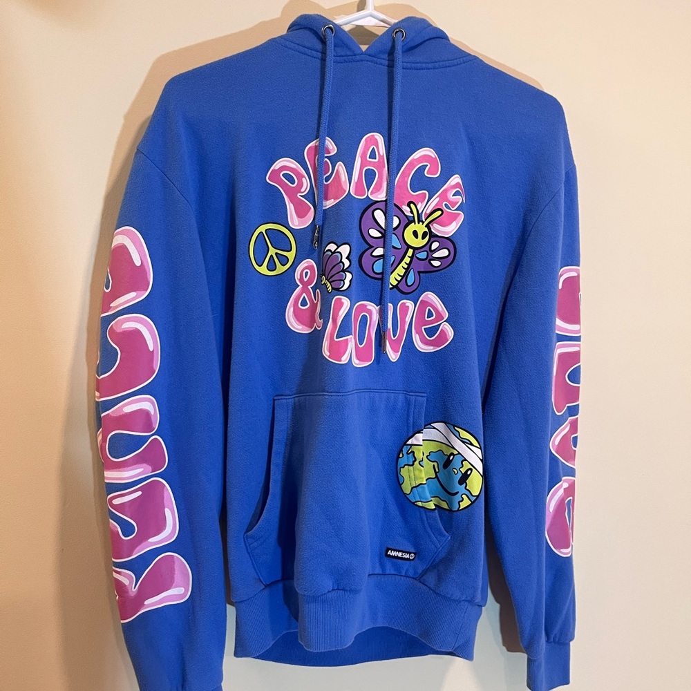 Blue World Peace & Love Graphic Print Hoodie | Small